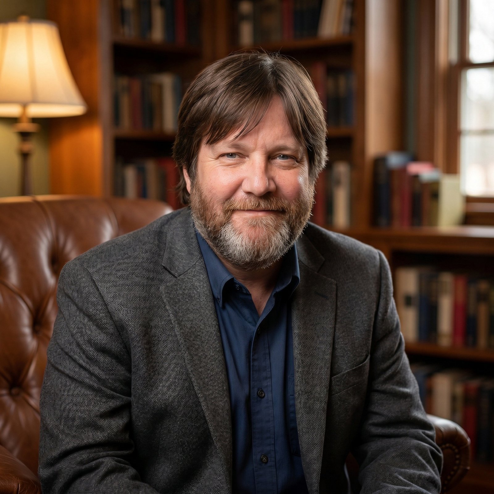 J.K. Reeve — author portrait, seated in a study with bookshelves and warm lamplight